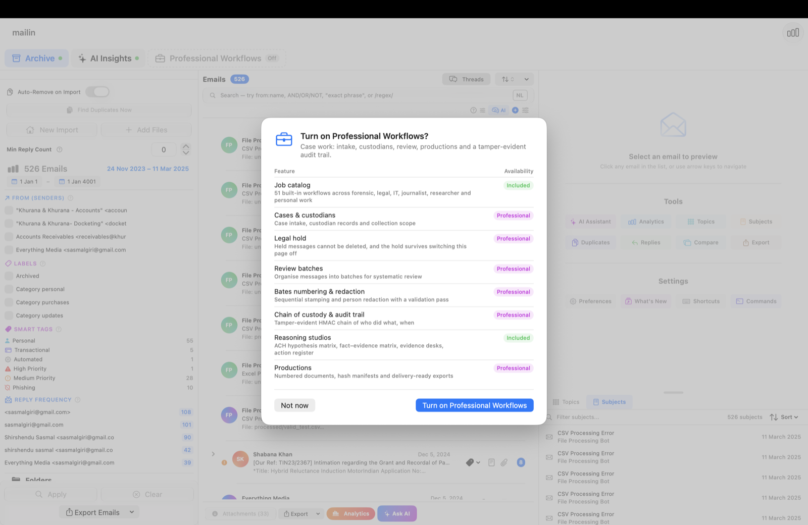 Turning on Professional Workflows: the feature list and what is included